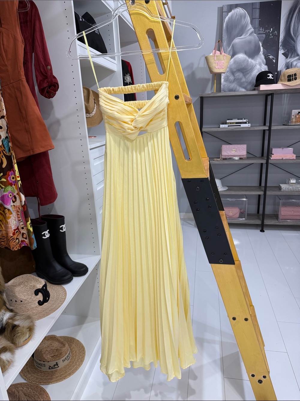 Altar'd State Pale Yellow Pleated Maxi Dress with Twist Bodice